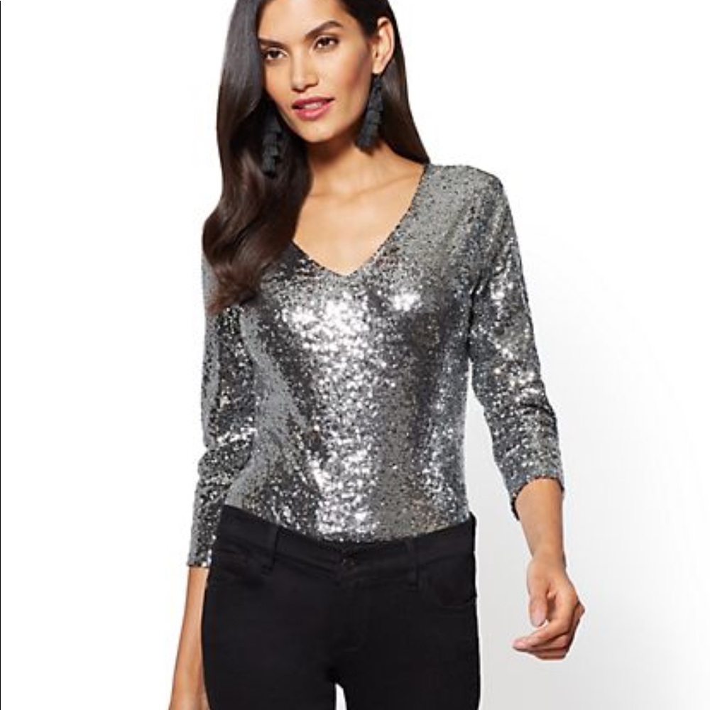 Silver sequined v neck body suit